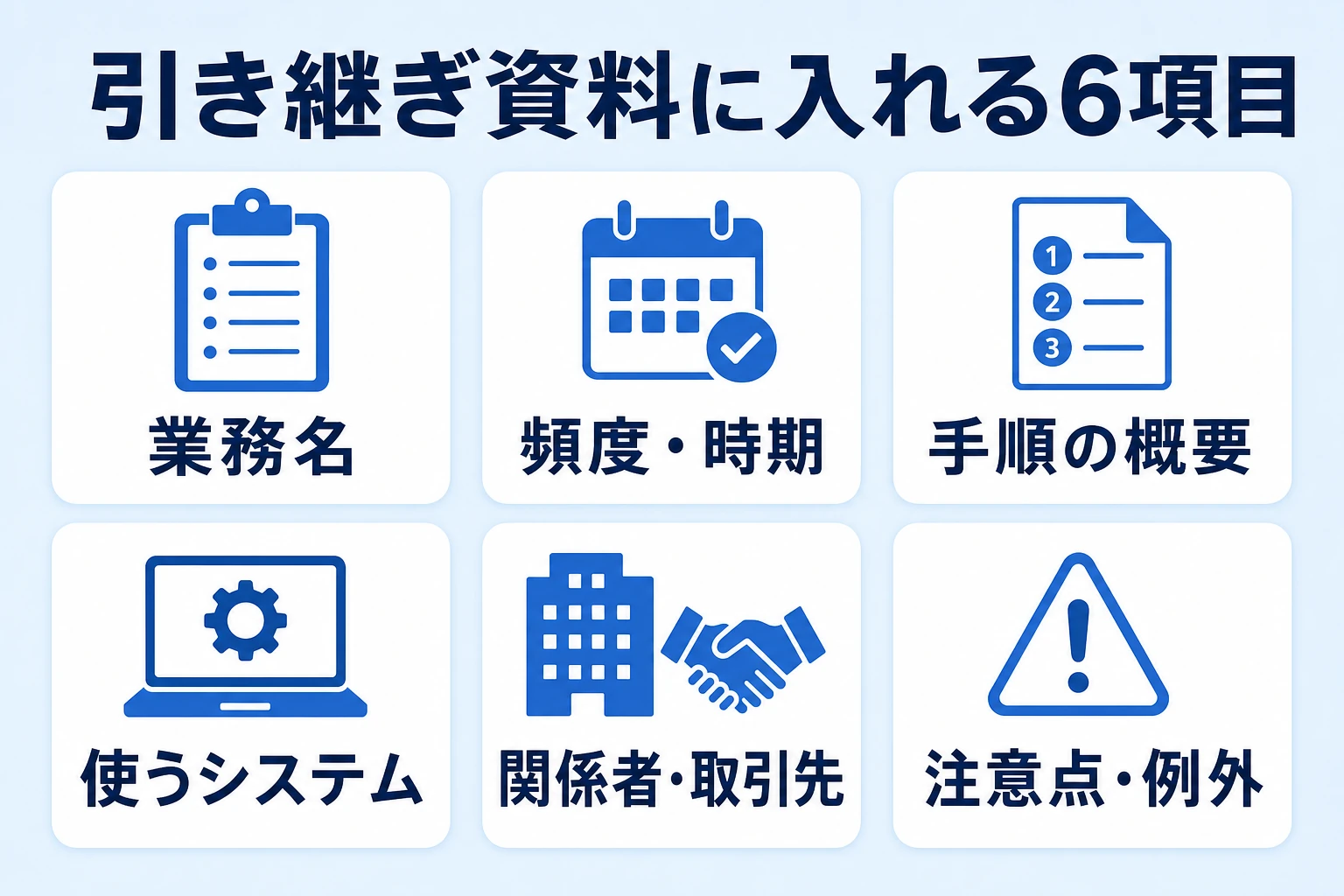 引き継ぎ資料に最低限入れるべき項目を一覧にした図