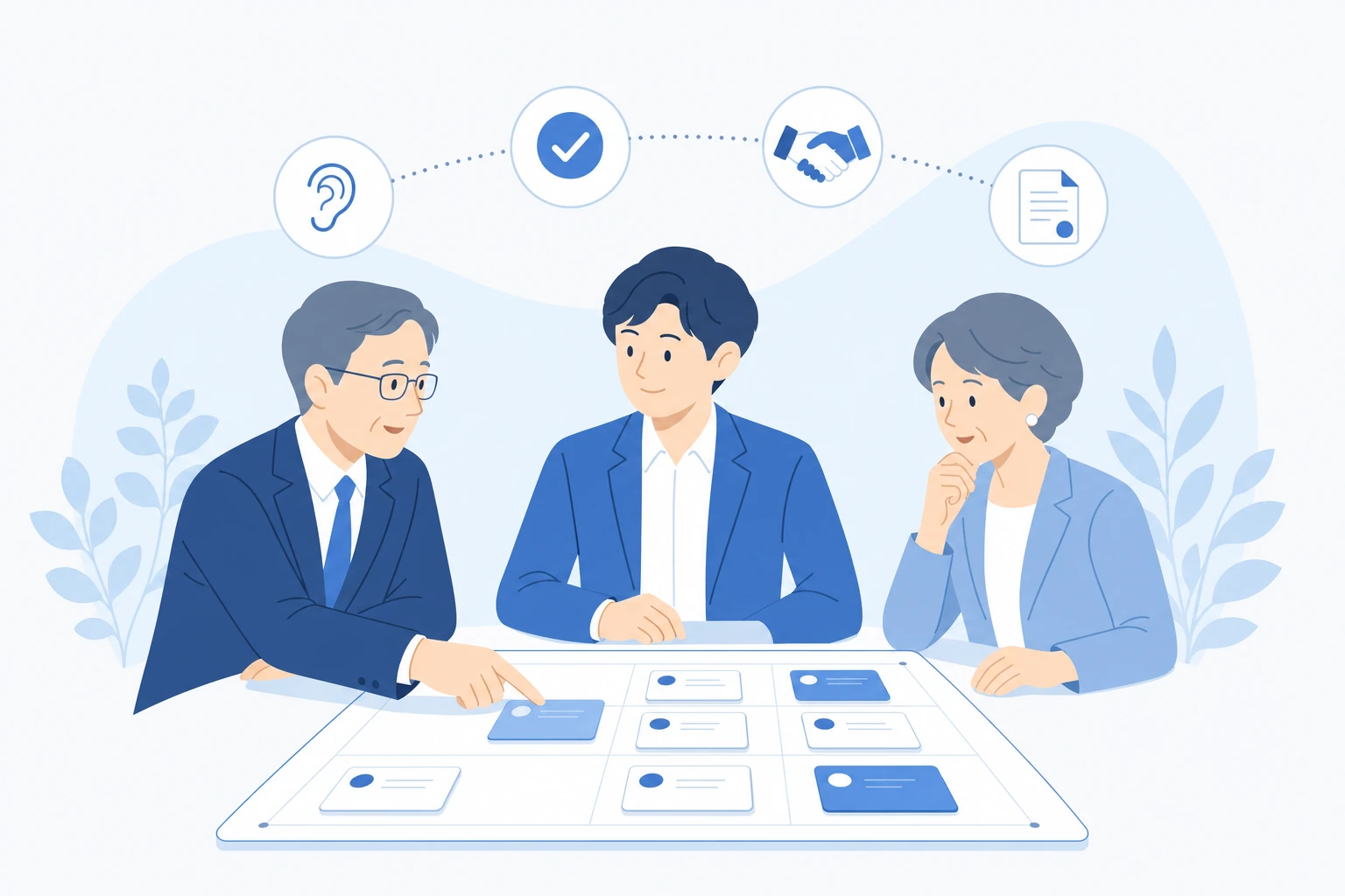 二代目社長と古参社員が協力して課題に取り組むイメージ