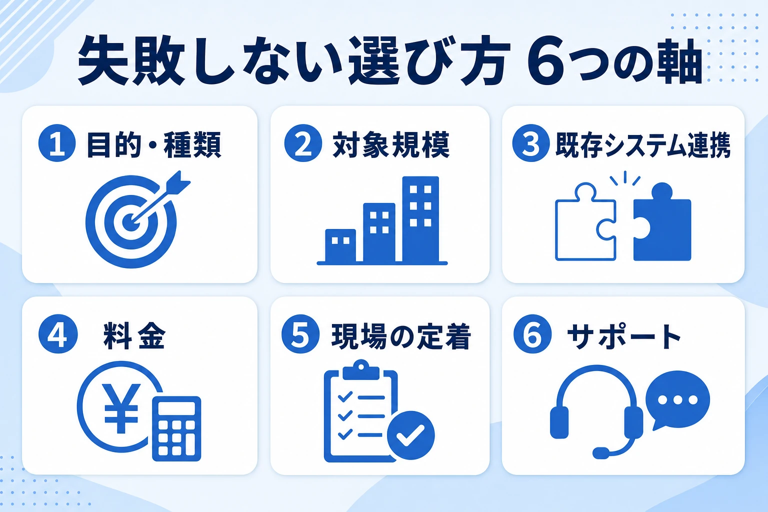 経営管理ツールを選ぶ6つの軸を示すチェック図