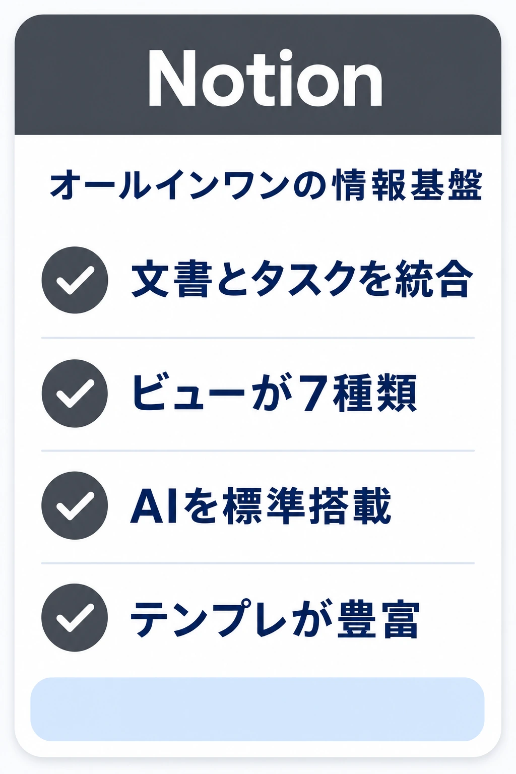 Notionの特徴：文書とタスクを統合できるオールインワンの情報基盤（多彩なビュー・AI搭載・テンプレート豊富）