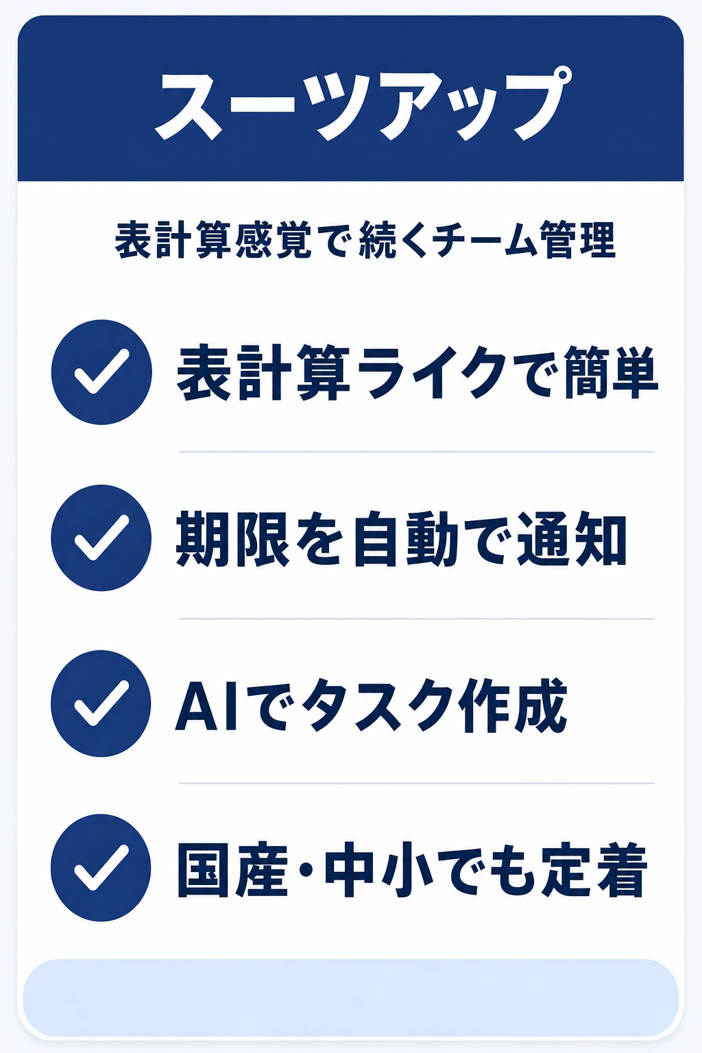 スーツアップ（SuitUP）の特徴：表計算感覚のまま、チームでシンプルに続けたいチームに向くタスク管理ツール
