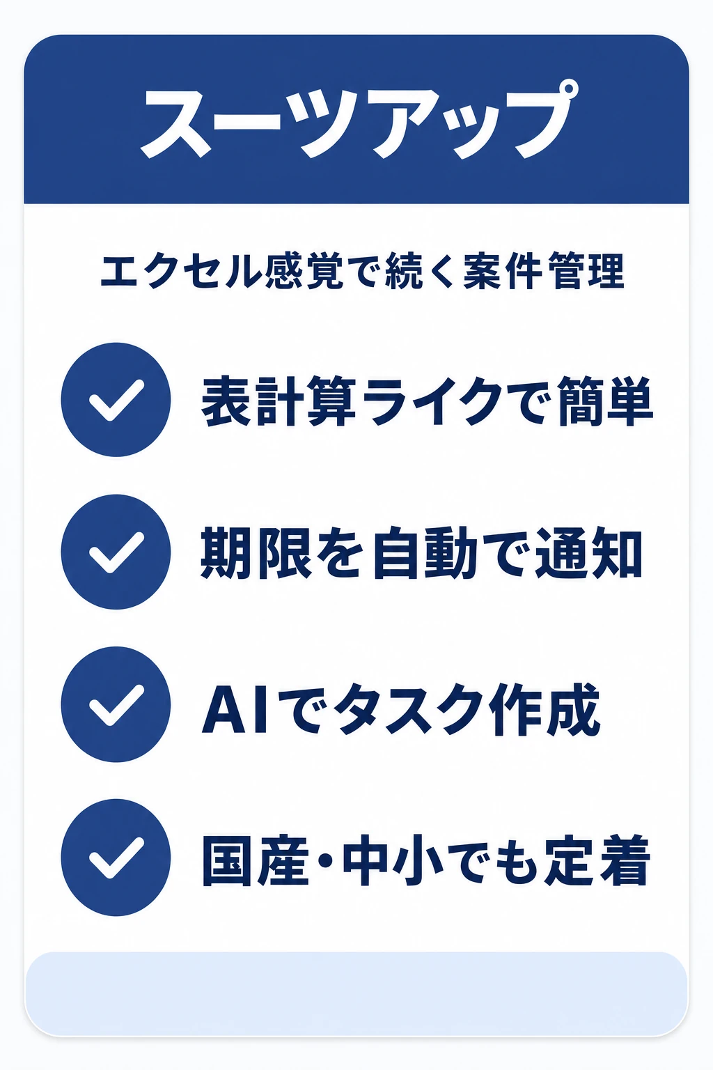 スーツアップ（SuitUP）の特徴：表計算感覚のまま案件とタスクを毎日続けて見える化したいチームに向くタスク管理ツール