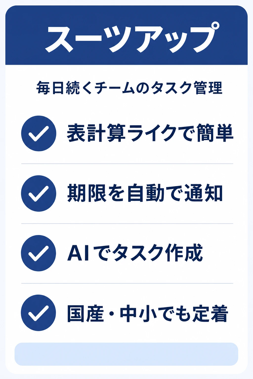 スーツアップの特徴:表計算ライクな操作・期限の自動通知・AIタスク作成・国産