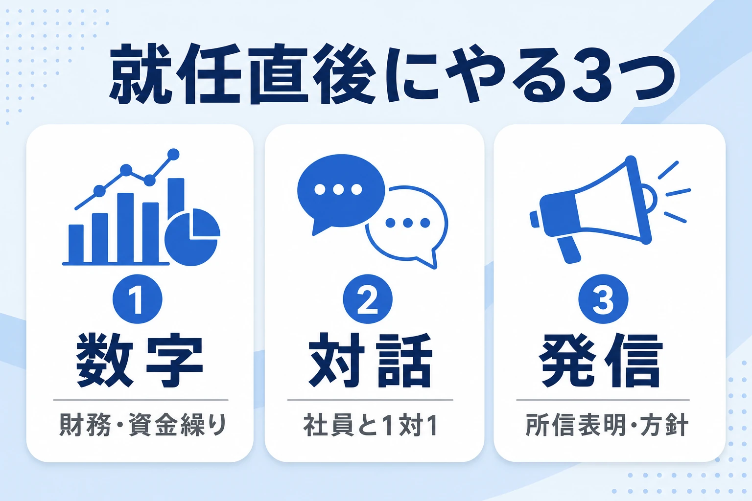 就任直後の新任社長がやる3つ(数字の把握・社員との対話・所信表明)