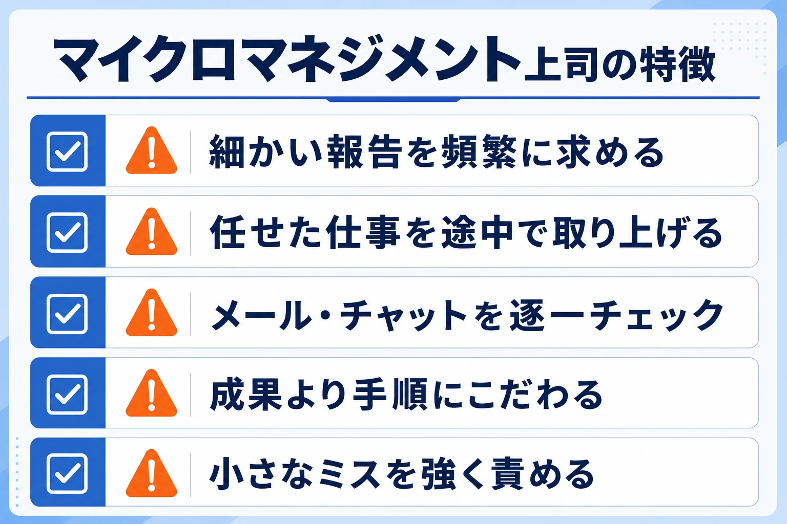 マイクロマネジメント上司の特徴チェックリストの解説図