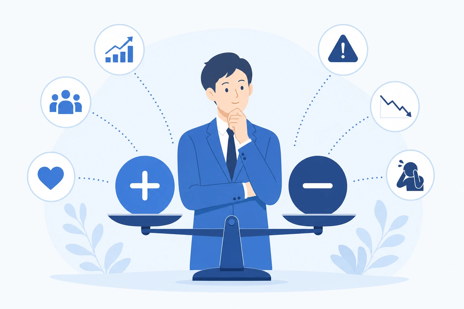 Office365でプロジェクト管理するメリットとデメリットを天秤で比較するイメージ図