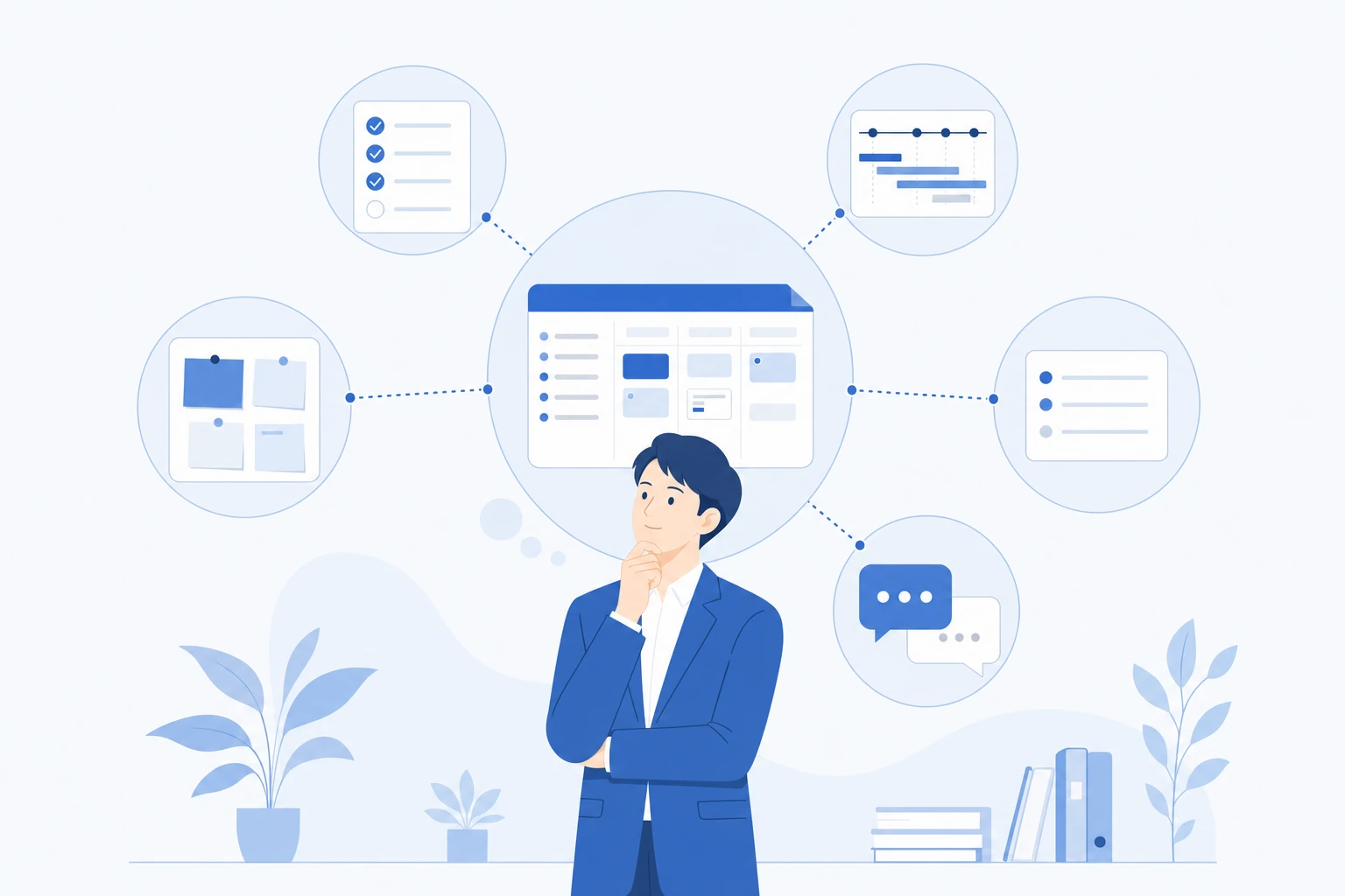 Office365の複数ツールが1つのハブにつながりプロジェクト管理に使えることを表すイメージ図