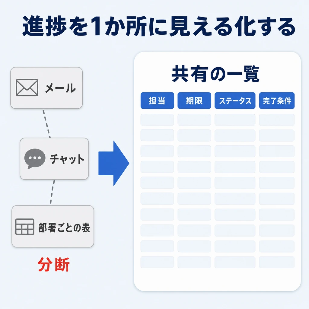 進捗と期限を1か所に集めて見える化するのイメージ図