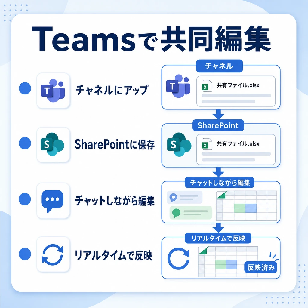 Microsoft Teams上でExcelファイルを共同編集するのイメージ図