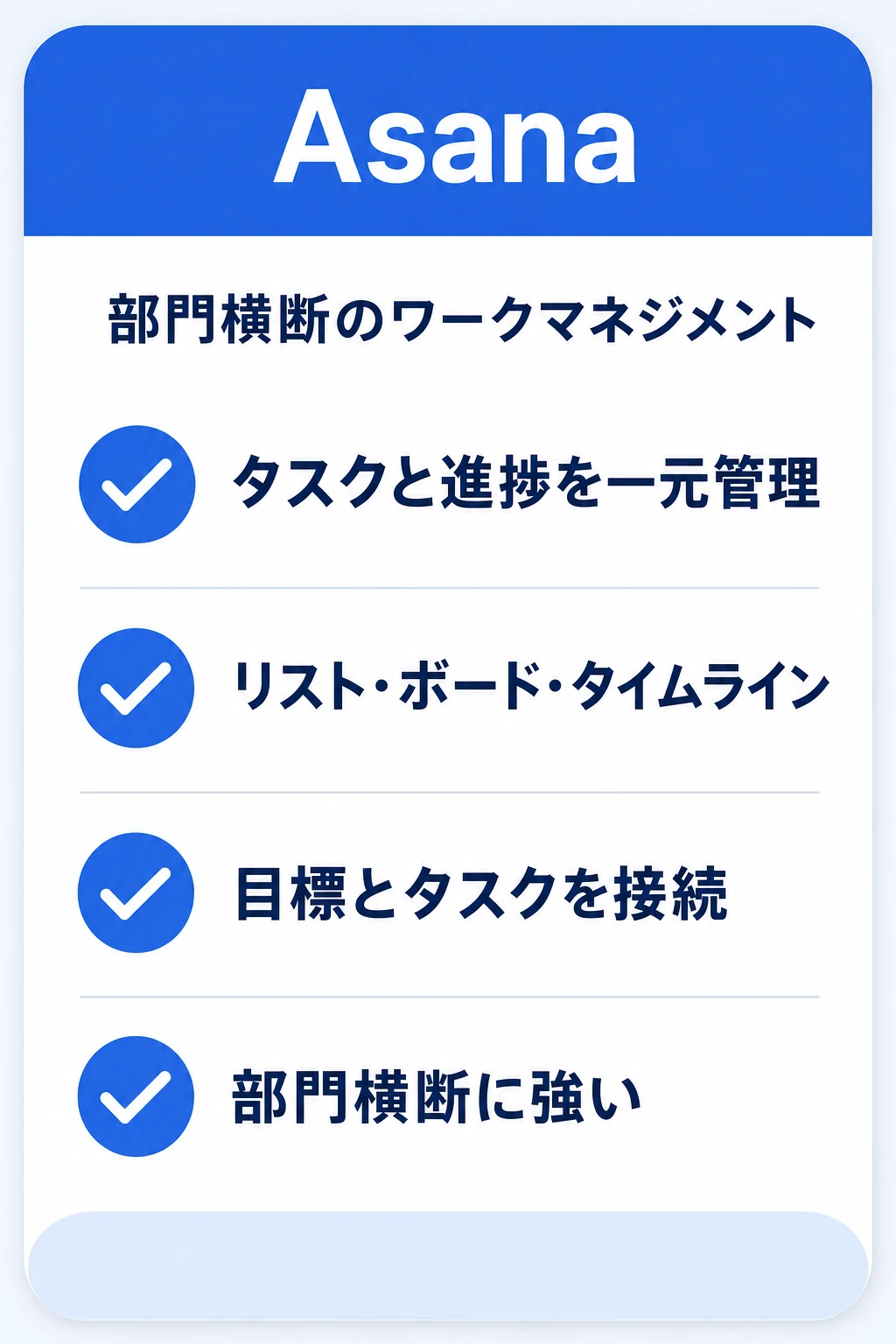 Asana（アサナ）の特徴：部門をまたいで仕事の流れと進捗を一元管理したいチームに向くタスク管理ツール