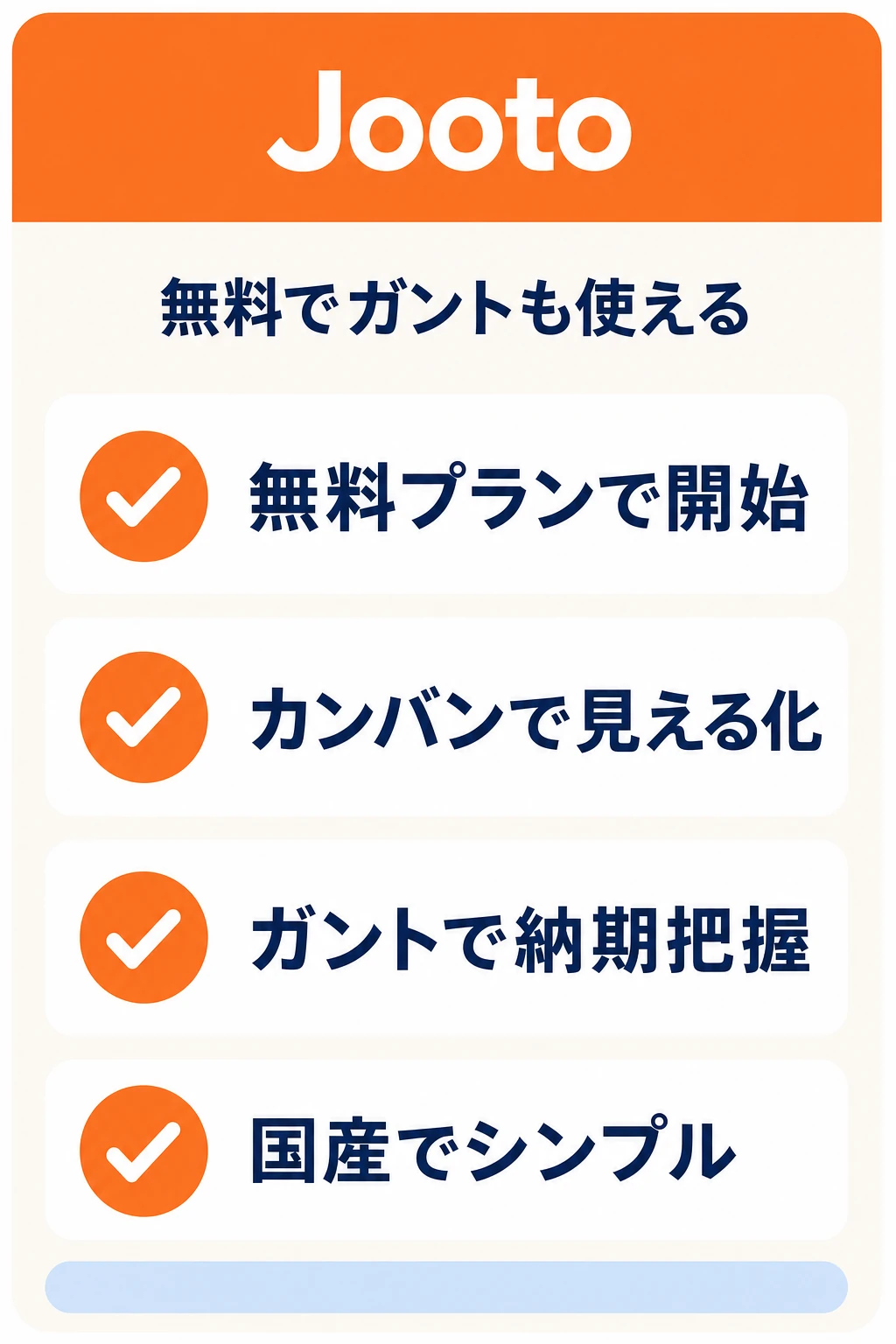 Jootoの特徴:無料から始めてカンバンとガントで予定と作業を可視化したいチームに向くタスク管理ツール
