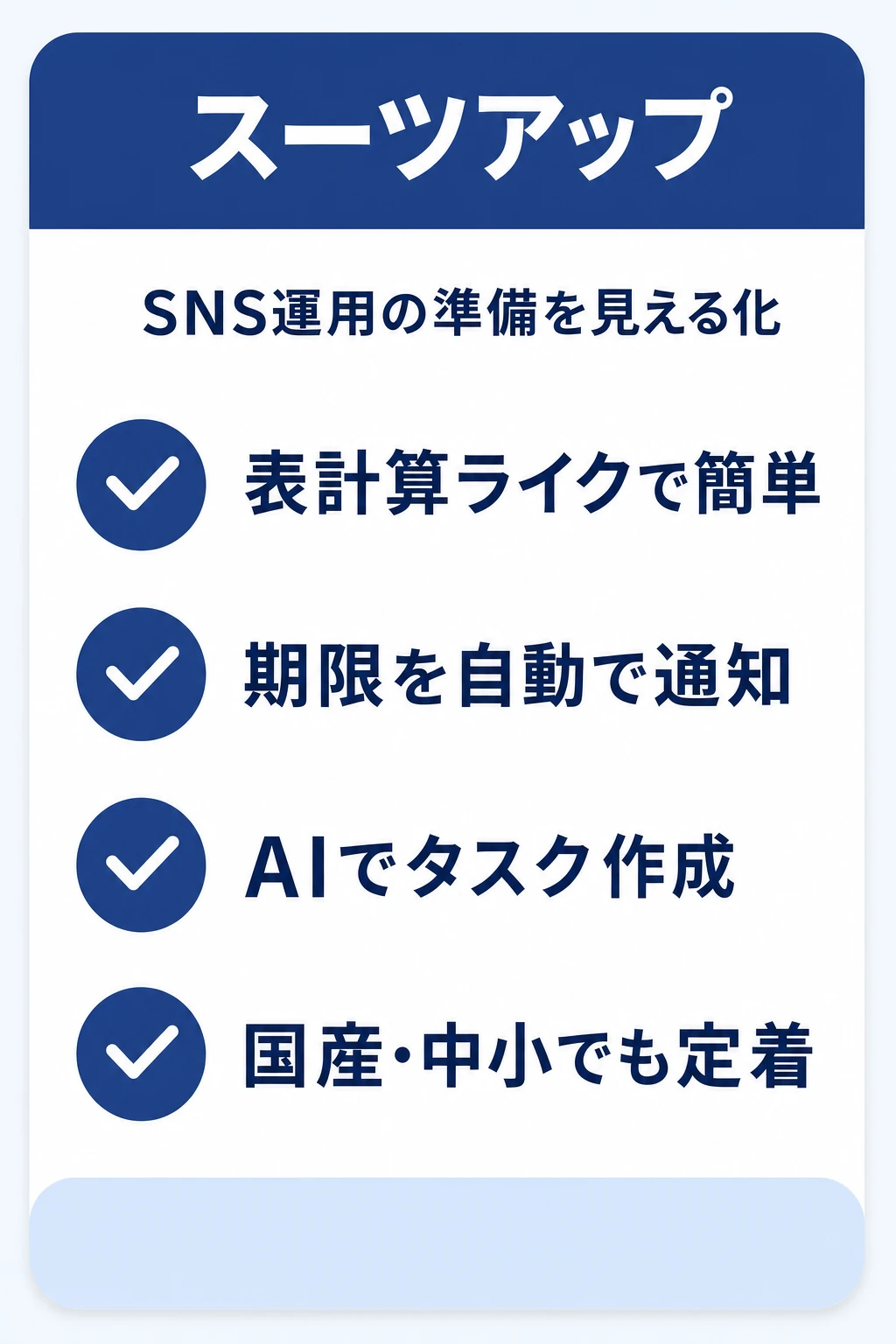 スーツアップ（SuitUP）の特徴：SNS運用の業務全体を“毎日続く形”で見える化したいチームに向くタスク管理ツール