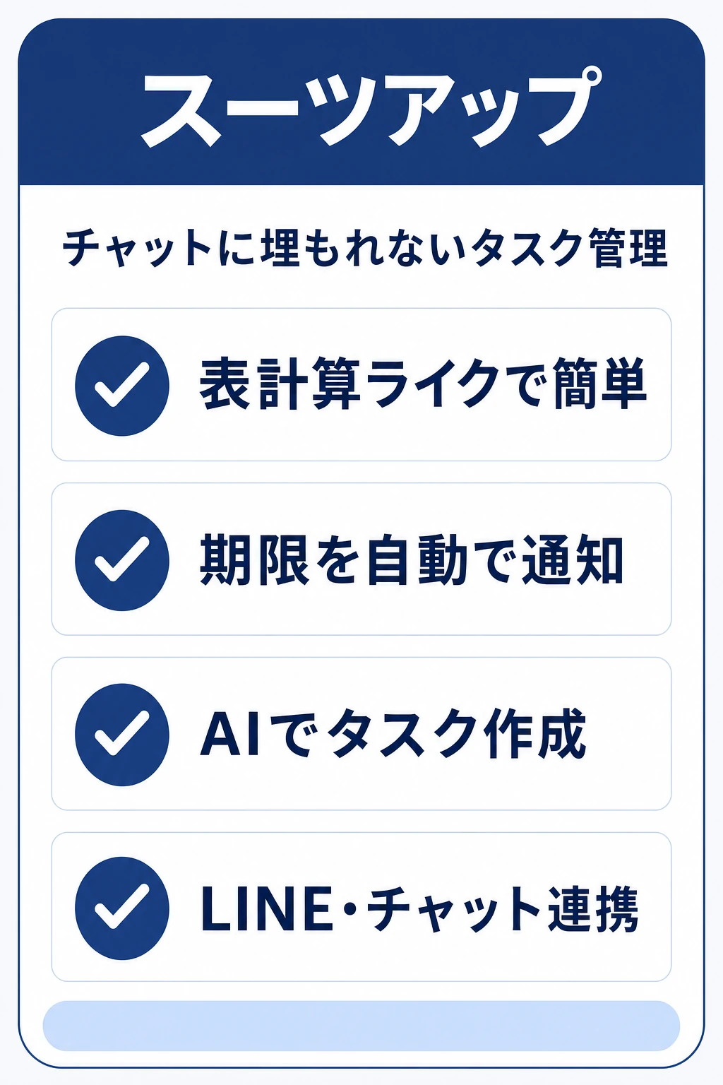 スーツアップ(SuitUP)の特徴:チャットに埋もれないチームのタスク管理を重視するチームに向くタスク管理ツール