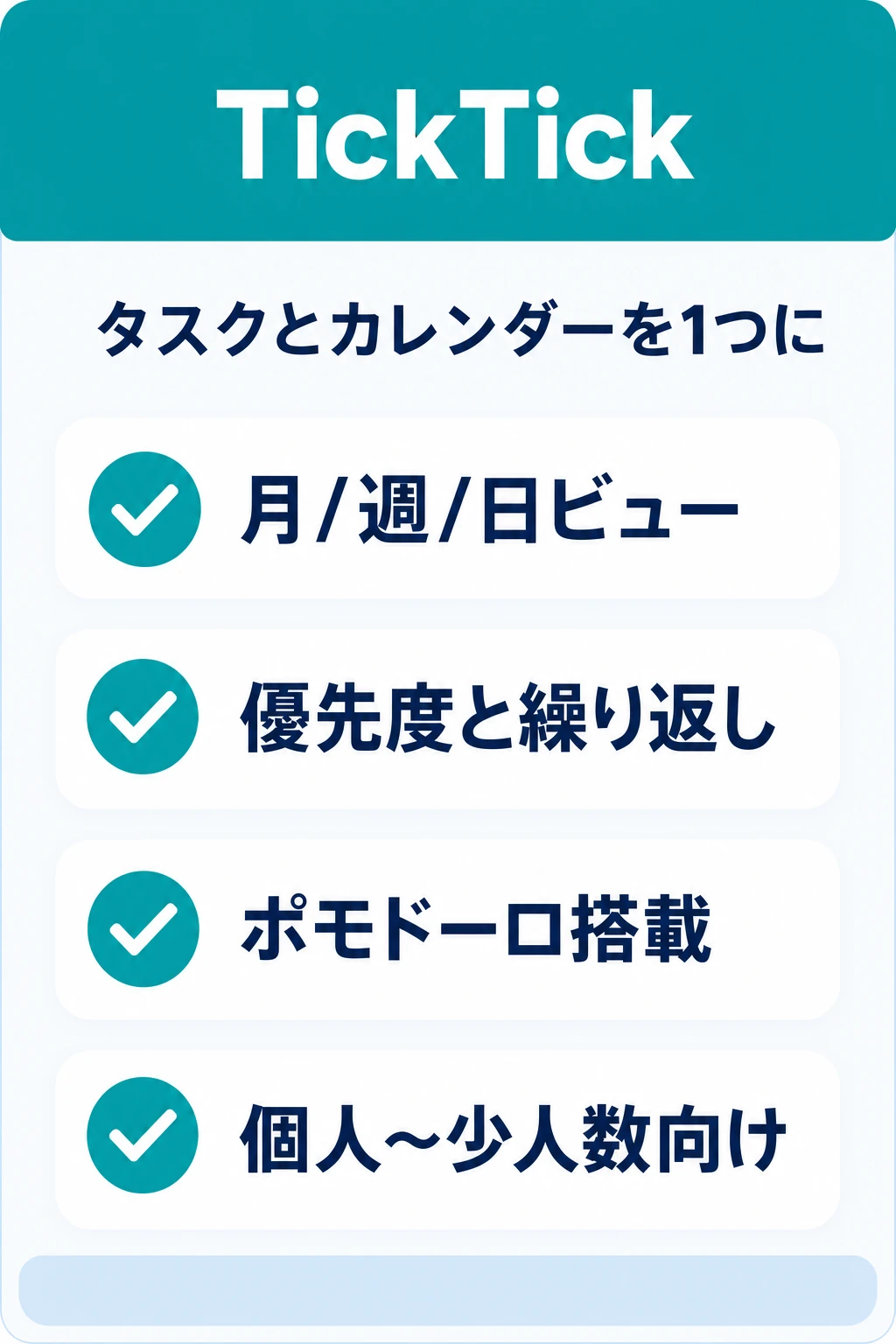 TickTick（ティックティック）の特徴：個人〜少人数でタスクとカレンダーを1アプリで完結したいチームに向くタスク管理ツール