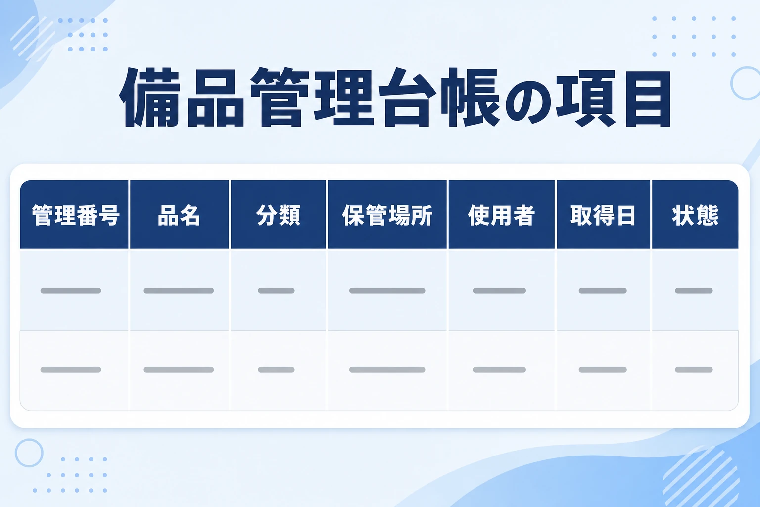 備品管理台帳に入れる管理項目(管理番号・品名・保管場所・使用者・購入日・状態など)の一覧イメージ