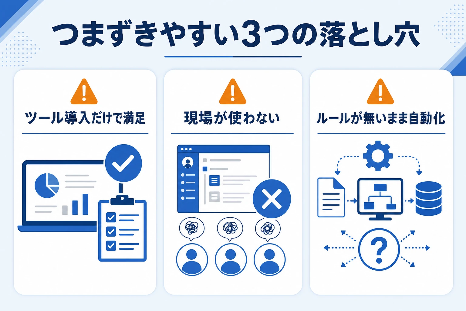 経理の無駄削減でつまずきやすい3つの落とし穴を示した図