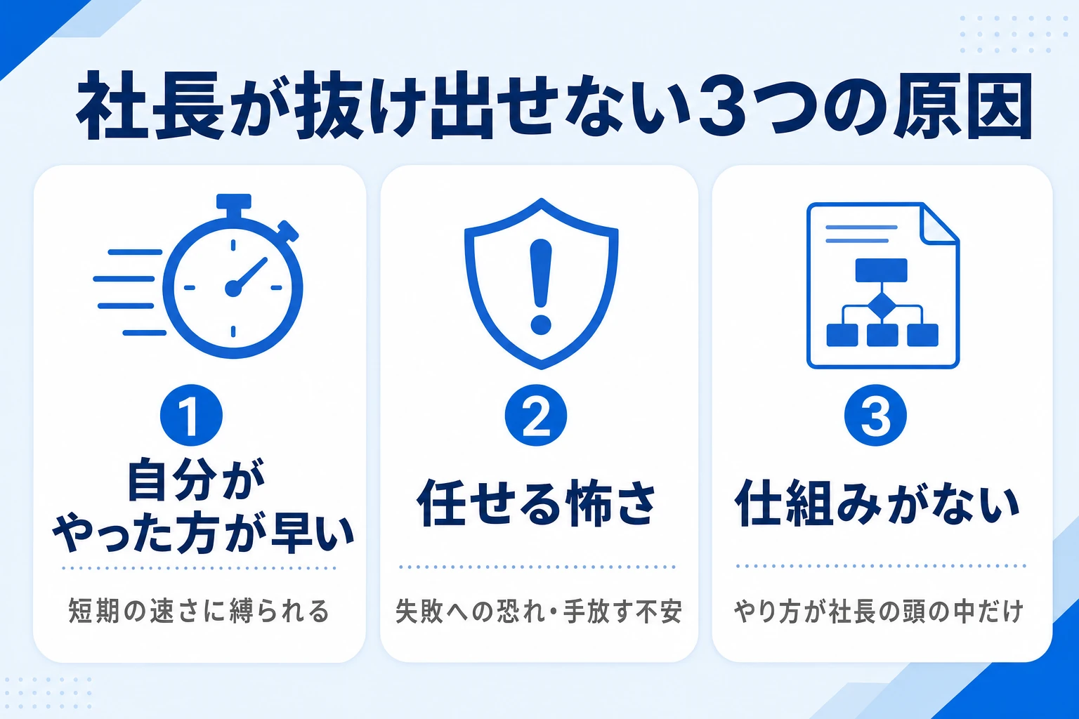 社長がプレイヤーから抜け出せない3つの原因（自分がやった方が早い・任せる怖さ・仕組みがない）