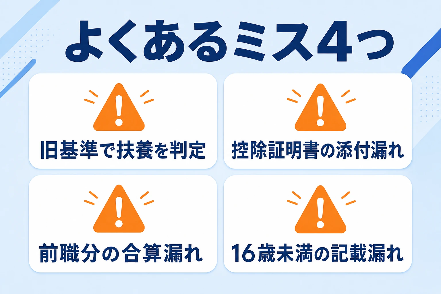 年末調整でよくあるミス4つ（旧基準で扶養を判定、控除証明書の添付漏れ、前職分の合算漏れ、16歳未満の記載漏れ）
